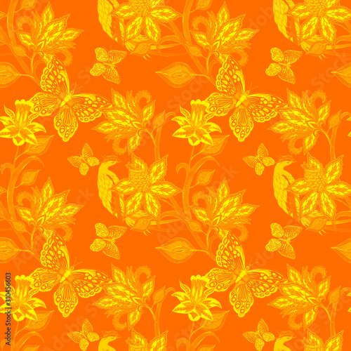 Watercolor seamless pattern with paisley flowers, butterflies and birds in et...