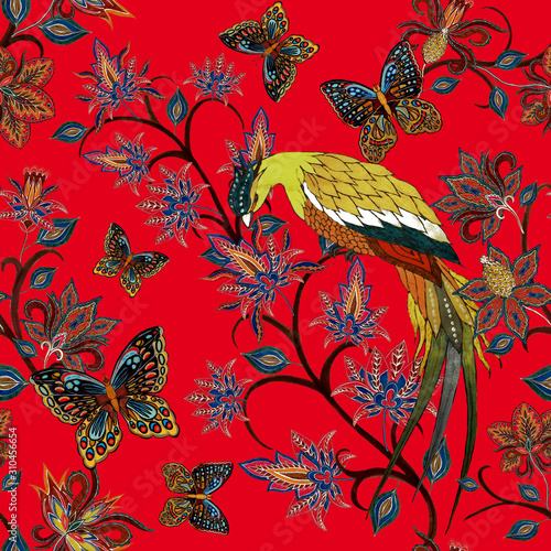 Watercolor seamless pattern with paisley flowers, butterflies and birds in et...