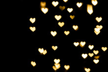 Festive Overlay Effect. Golden Heart Bokeh Festive Glitter Background. Christmas, New Year And Valentine's Day Design