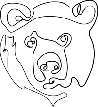 Vector Illustration Of A Head Of Bear , Line Art, Abstract , Continuous Line, Vector Isolated Illustration . Concept For Print, Web Design , Cards , Logo, Icon 