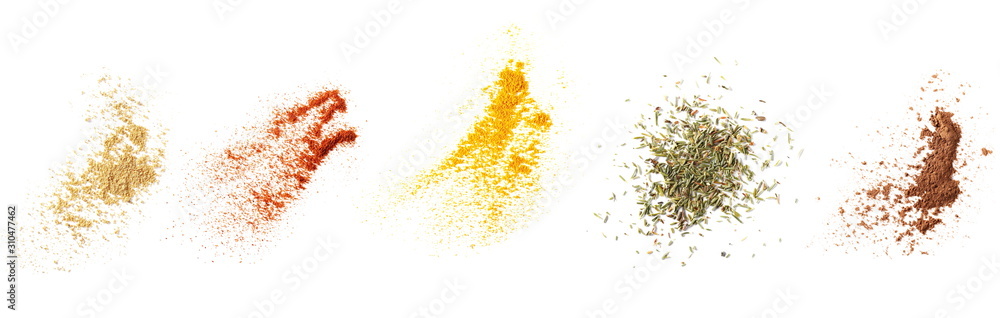 Set ginger, red paprika powder, turmeric, dry thyme pile, cocoa, isolated on white background, top view texture - obrazy, fototapety, plakaty 