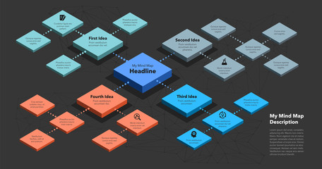 Poster - Simple infographic for isometric mind map visualization template - dark version. Easy to use for your design or presentation.