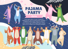 Pajamas Party Poster On Memphis Background.women And Men Are Wearing Of Animals Pajamas On Halloween Or New Year Pajamas Party. Suits Are From Chinese Calendar: Tiger, Monkey, Chicken, Dragon, Pig, 