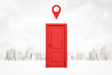 3d rendering of closed red door and red geotag above it against background of gray and white modern city.