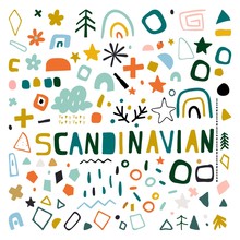 Set Of Geometric Elements, Doodles, Circles, Brush Strokes, And Figures In The Scandinavian Style. Set Of Hand Drawn Various Shapes And Objects. Abstract Contemporary Modern Trendy Vector.