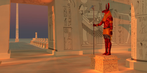 Wall Mural - seth god statue - a statue of the god seth stands in an egyptian temple fronted by a tall obelisk an