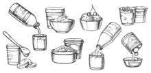 Dairy Milk Products, Cheese, Yogurt Sketch Icons