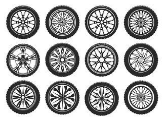 Vector icons of car tires, light alloy wheel rims