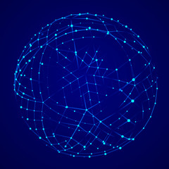 Poster - Abstract 3d futuristic sphere with connecting dots. Wireframe technology blue sphere. 3d rendering.