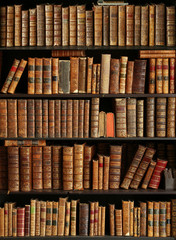 old books on wooden shelf