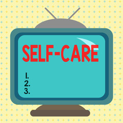 Text sign showing Self Care. Business photo text the practice of taking action to improve one s is own health Square rectangle old multicoloured painting television picture wood design