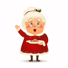 Happy Mrs. Claus cartoon character isolated on white background. Christmas Cute wife Mrs Claus waving hands and greeting with cookies. Mrs Claus for winter and new year winter holidays. vector