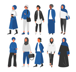 Wall Mural - Hijab Muslim Woman set. Covered arab islamic fashion. Vector people.