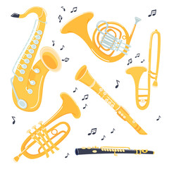 Musical brass Instruments collection. Jazz gold objects set. Trumpet and saxophone, trombone and flute, clarinet and French horn. Vector cartoon illustration.