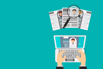 Office Recruiter Recruits Desk Resume Candidates for Vacancy. curriculum vitae approved for office worker. review of other candidates through computer and magnifying glass. with copy space