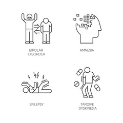 Sticker - Mental disorder linear icons set. Bipolar disorder. Amnesia. Memory loss. Epileptic seizure. Tardive dyskinesia. vThin line contour symbols. Isolated vector outline illustrations. Editable stroke