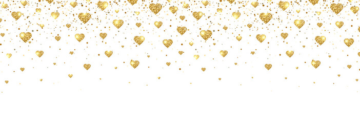 Wall Mural - Gold glitter heart confetti border. Bright glitter particles for luxury greeting card. Sparkling texture. Valentines day design. Star dust. Vector illustration