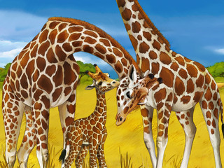 cartoon safari scene with giraffes family eating on the meadow - illustration for children