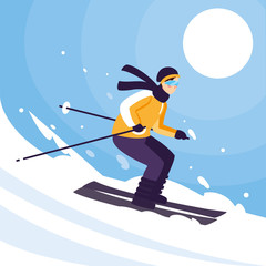 Sticker - man with mountain ski, standing and in motion. Alpine skiing, extreme winter sport