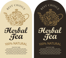 Set Of Two Vector Labels For A Herbal Tea With Sketches, Calligraphic Inscriptions And Place For Text In Retro Style. Tea Labels With Teapot Or Kettle Consisting Of Hand-drawn Medicinal Herbs.