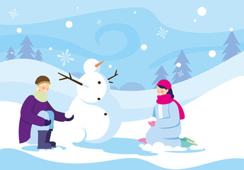 Sticker - couple of people with snowman in winter landscape