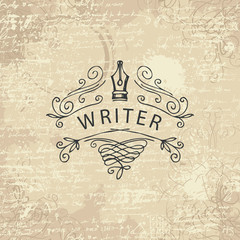 Vector banner with writer logo on abstract background in retro style. Artistic illustration with hand-drawn fountain pen on the backdrop with unreadable handwritten notes, stains and curlicues
