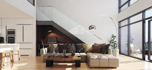 Modern living room in loft apartment, 3d render