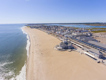 Hampton Beach Aerial View Including Historic Waterfront Buildings On Ocean Boulevard And Hampton Beach State Park, Town Of Hampton, New Hampshire NH, USA.