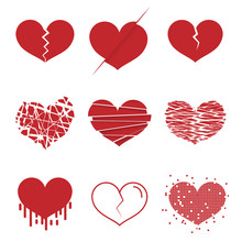 Set Of Red Hearts. Broken Heart Icon Flat Design On White Background. Vector Illustration.