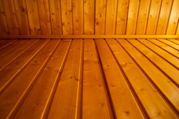 perspective wooden table and wallpaper in room , close up floor wooden texture .