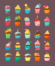 Muffins With Topping In Cartons Flat Vector Illustration Set