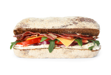 Delicious sandwich with fresh vegetables and prosciutto isolated on white