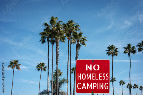No homeless camping sign with palm trees