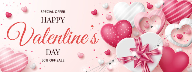 Wall Mural - valentine's day sale banner template with 3d hearts, shining lights and gift box. vector illustratio