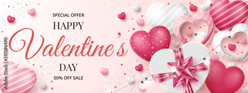 Cuadros en Lienzo Valentine's day sale banner template with 3D hearts, shining lights and gift box