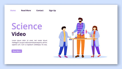 Wall Mural - Science video landing page vector template. Visual chemistry experiment website interface idea with flat illustrations. Tutorial for kids homepage layout, web banner, webpage cartoon concept