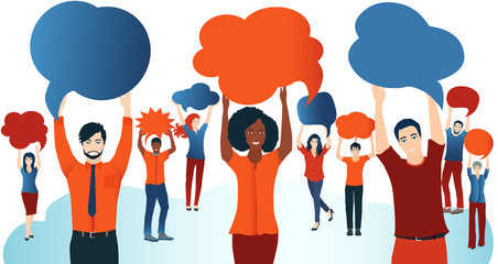 Canvas Print - Crowd talking. Group of diverse people with speech bubble. Communication and sharing. Social network. Share ideas. Multi-ethnic people who talk and socialize and communicate. Solidarity