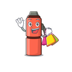 Poster - Happy face thermos bottle Scroll mascot style waving and holding Shopping bag