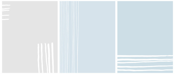 Set of 3 Abstract Vector Layouts. White Hand Drawn Stripes Isolated on a Light Gray and Pastel Blue Backgrounds. Simple Geometric Print Ideal for Cover, Layouts. Modern Freehand Striped Vector Design.