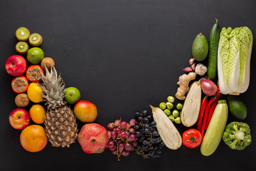 Wall Mural - Organic food background with copy space. Fresh vegetables and fruits. Healthy food.