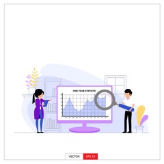 two office workers were researching the company's growth statistics in one year, a man holding a magnifying glass. Vector illustration flat design style.