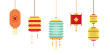 Set Of Various Chinese Lanterns Of Diffrent Collors And Shapes.