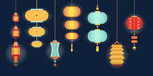 Set Of Various Chinese Lanterns Of Diffrent Collors And Shapes.