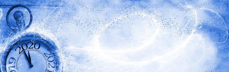happy new year 2020 - abstract background with clock, fireworks and snow - panorama, banner, header 