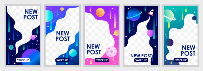 Wall Mural - set of editable templates for instagram stories. colorful abstract cosmos. planets, stars and the un