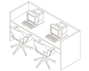 Contour office desk with old computers and armchairs. View isometric. Vector illustration