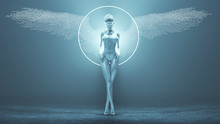 Silver Supernatural Being Angel With Hair Up In A White Swimsuit With Wings Formed Out Of Small Spheres In A Foggy Void With Glowing White Eyes 3d Illustration 3d Render