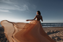 Girl In A Light Dress On The Beach At Sunrise.beautiful Women In A Light Pink Dress Walking Along The Beach At Dawn.Good Morning And Relaxation.Young Beautiful Girl Standing On A Sandy Beach In A Ligh