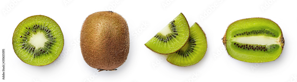 Fresh whole, half and sliced kiwi fruit - obrazy, fototapety, plakaty 