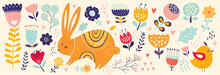 Big Spring Easter Collection Of Flowers, Leaves, Birds, Bunny And Spring Symbols	